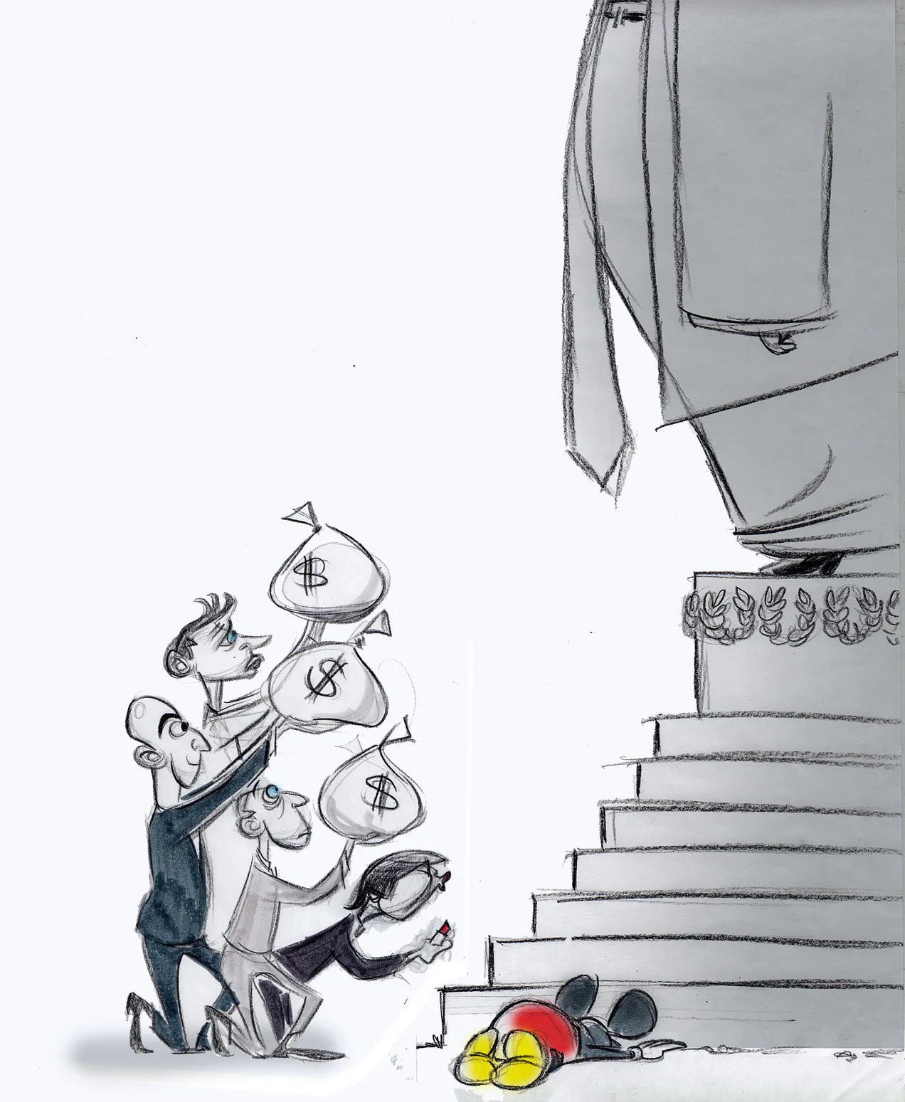 Draft of the cancelled cartoon showing Mark Zuckerberg-Facebook & Meta founder and CEO, Sam Altman-OpenAI CEO, Patrick Soon-Shiong-LA Times publisher, the Walt Disney Company (as symbolized by Mickey Mouse)/ABC News, and Jeff Bezos-Washington Post owner praising and offering gifts to a big statue or person only seen from the belly down but easily identifiable as Trump by the large belly, small hands, and too long tie.